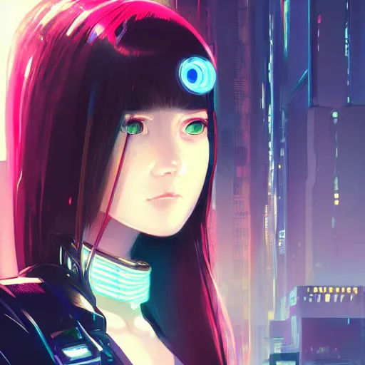 Image similar to A potrait of a cyberpunk cyborg girl with big and cute eyes, fine-face, realistic shaded perfect face, fine details. Night setting. Very anime style. Realistic shaded lighting poster by Ilya Kuvshinov katsuhiro, magali villeneuve, artgerm, Jeremy Lipkin and Michael Garmash, Rob Rey and Kentarõ Miura style, trending on art station