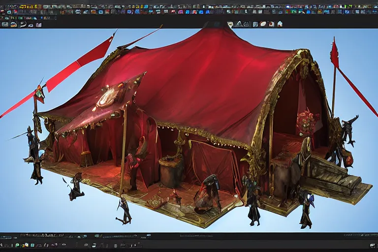 Image similar to 3d sculpt of a huge dark fantasy gothic circus tent, artstaton, League of Legends, red dead redemption2, overwatch, digital illustration