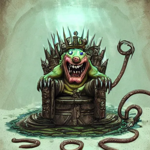 Image similar to murky sewer scene with a grinning rat king sitting on a throne, surrounded by other rats. trending on artstation, fantasy illustration, realistic, extremely detailed