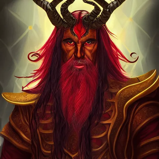 Prompt: d & d portrait of a tiefling, male, red scales, a big black beard, completely golden eyes, 2 long curved horns growing out of his forehead,