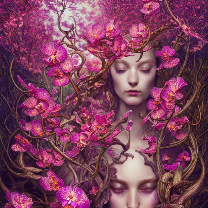 Image similar to extremely psychedelic lattice made of orchid and cherry blossom and musroom, LSD, diffuse lighting, fantasy, intricate, elegant, highly detailed, lifelike, photorealistic, digital painting, artstation, illustration, concept art, smooth, sharp focus, art by John Collier and Albert Aublet and Krenz Cushart and Artem Demura and Alphonse Mucha