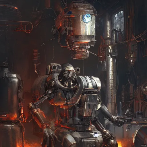 Image similar to portrait of adeptus mechanicus techpriest at a forge, by cedric peyravernay and feng zhu, highly detailed, excellent composition, cinematic concept art, dramatic lighting, trending on artstation