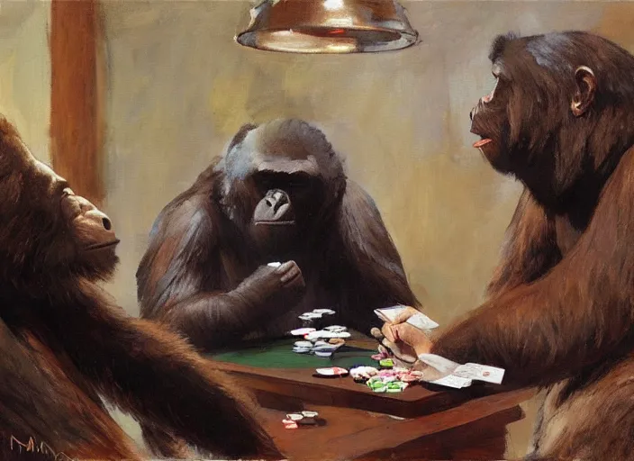 Image similar to gorrila with a bear, playing poker highly detailed beautiful, by gregory manchess, james gurney, james jean