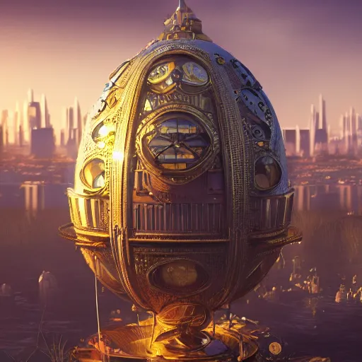 Image similar to enormous city in a faberge egg, sky, steampunk, fantasy art, masterpiece, octane render