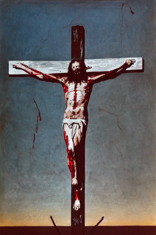 Image similar to bloody christ crucified and huge ufo of light in the sky painted by cy twombly and andy warhol