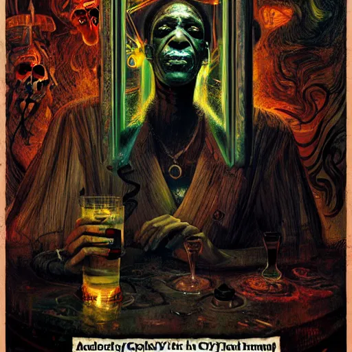 Prompt: a death tarot featuring bill cosby mixing drinks in a cyberpunk voodoo style by anton semenov and android jones and Alfred Munnings, oil on canvas