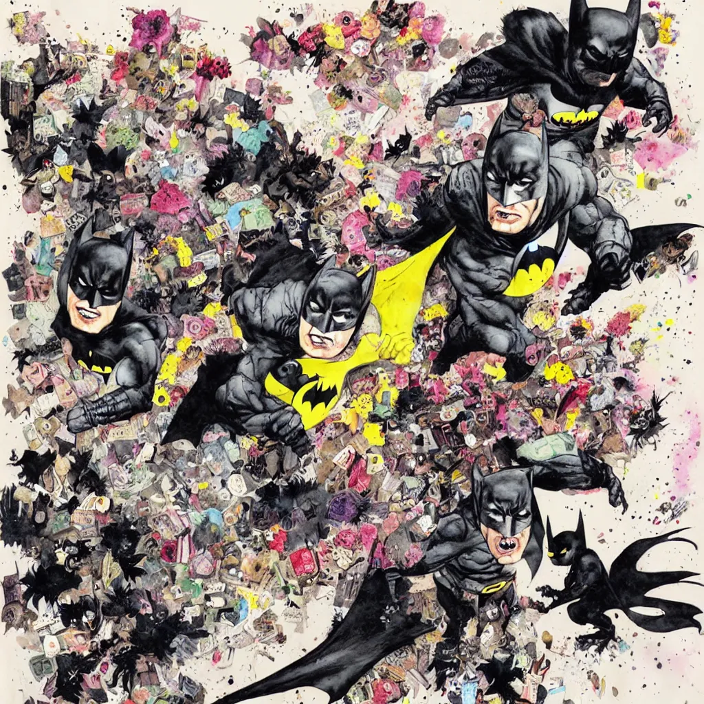 Prompt: Batman and squirrel-man, dark psychedelic watercolor by David Choe