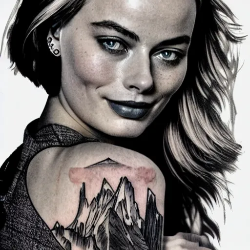 Image similar to tattoo design sketch with double exposure effect, margot robbie face and beautiful mountain scenery, in the style of matteo pasqualin, amazing detail