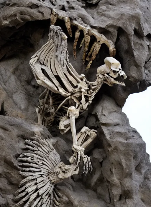 Image similar to a vulture skeleton sculpted on carved rock by bernini