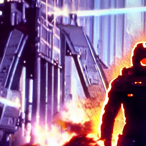 Image similar to film still from the 'Future Force' (1995). Exciting futuristic action scene with explosions and a motorcycle jumping a bridge. Sigma 85mm f/2.4