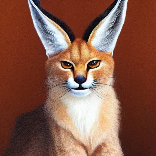 Image similar to fullbody portrait of cute fluffy caracal, wearing laurel wreath on his head, illustration, high detail, francine van hove