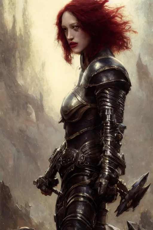 Image similar to muscular redhead kat dennings wearing black armour, bare legs, detailed, by gaston bussiere, bayard wu, greg rutkowski, giger, maxim verehin, greg rutkowski, masterpiece, sharp focus, cinematic lightning