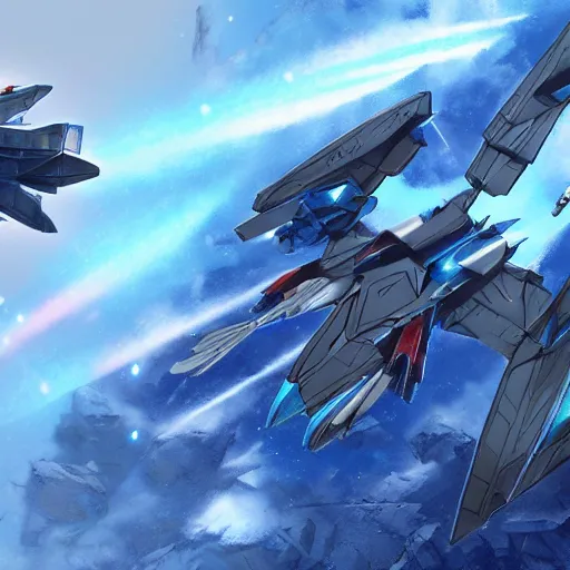 Image similar to an arwing battle over the frozen planet of fortuna, star fox spaceship battle, artstation, highly detailed, concept art, award winning