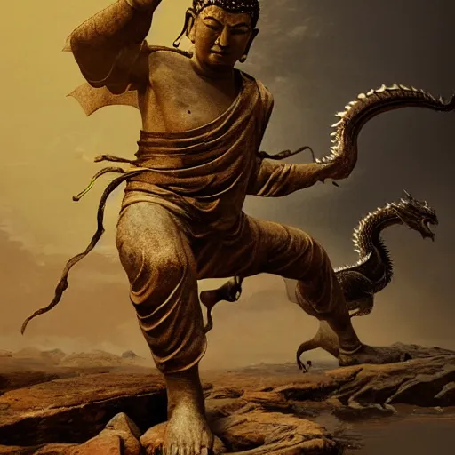 Image similar to a Buddha made of stone fighting a dragon, action painting, dramatic lighting, illustration by Greg rutkowski, yoji shinkawa, 4k, digital art, concept art, trending on artstation