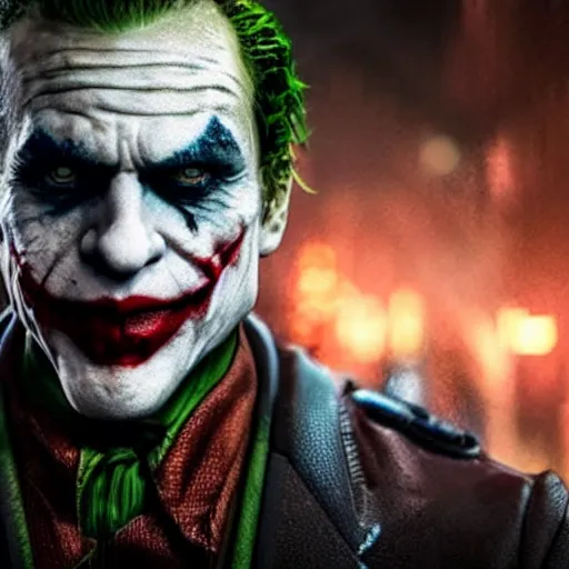 Image similar to the joker 2 0 1 9 in gears of war, splash art, movie still, detailed face, photorealistic facial features, cinematic lighting, dramatic, octane render, long lens, shallow depth of field, bokeh, anamorphic lens flare, 8 k, hyper detailed, 3 5 mm film grain