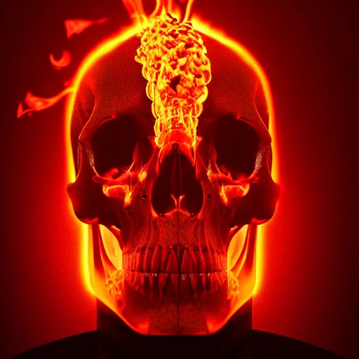 Image similar to a highly detailed human skull on fire in front of a glowing red background, 3 d, fire through eyes, octane render, symmetrical, hyper realism, highly detailed, digital art, artstation, concept art, cinematic lighting, strong bokeh, trending