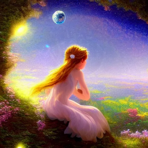 Prompt: a fairy sitting on a small moon, digital art, trending on artstation, hdr, by thomas kinkade and albert bierstadt, fantasy art