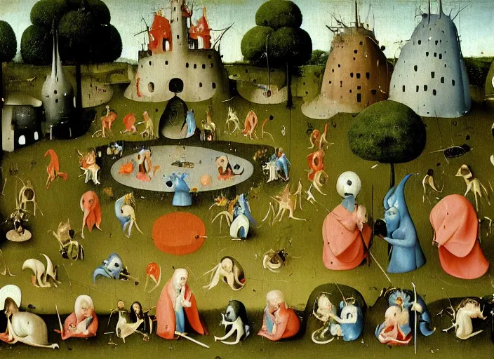 Prompt: garden of delights, with smurfs : : painted by hieronymus bosch : :