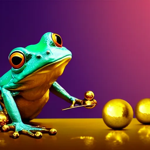 Image similar to long shot of a cute frog playing with golden metal balls, by esao andrews, by m. w. kaluta, by pixar, volumetric light, rich colors, very humorous oil painting, realistic reflections, smooth, concept art, depth perception, high depth of field, 4 k, unreal engine 5, ultradetailed, hyperrealistic, artstation