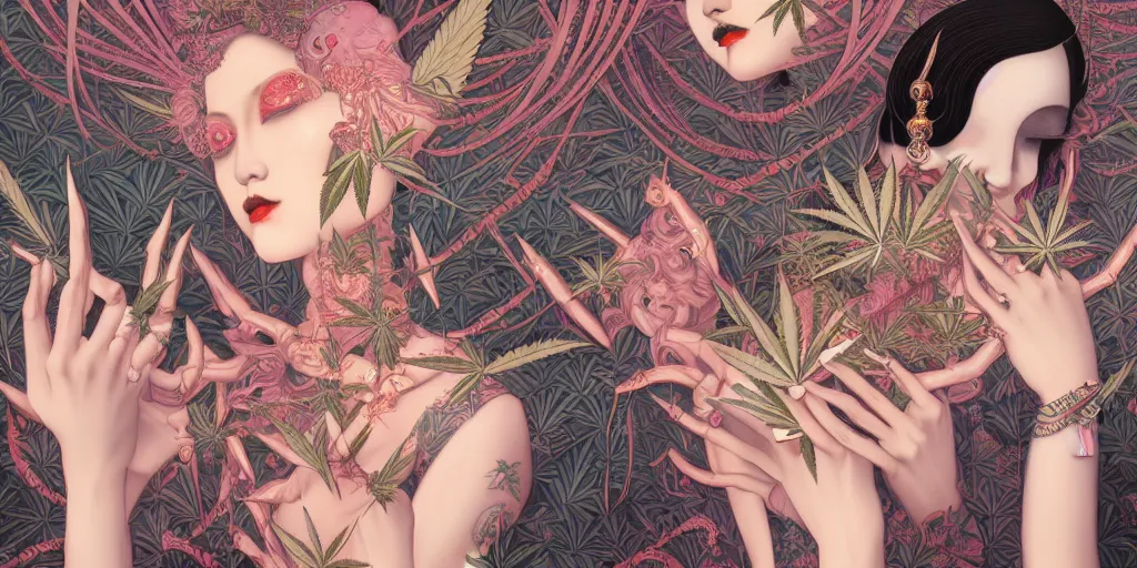 Image similar to breathtaking detailed concept art painting art deco pattern of goth goddesses amalgamation cannabis, by hsiao - ron cheng, bizarre compositions, exquisite detail, extremely moody lighting, 8 k