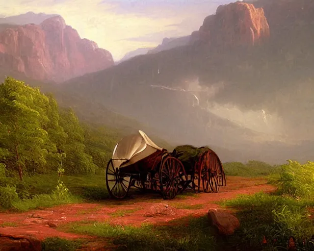 Prompt: a painting of a covered wagon traveling down a road by a mountain, lush countryside, early morning, thomas cole, ted nasmith