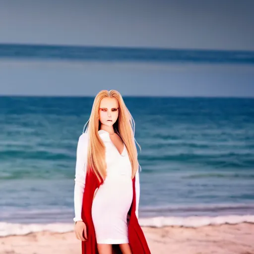 Prompt: a woman standing at the beach with long blonde hair, straight hair, white clothes, standing next to a woman with long dark brown hair wearing red clothes, professional, photograph, highly detailed, beautiful face, elegant, 4k, photorealistic, dramatic lighting, trending on social media,