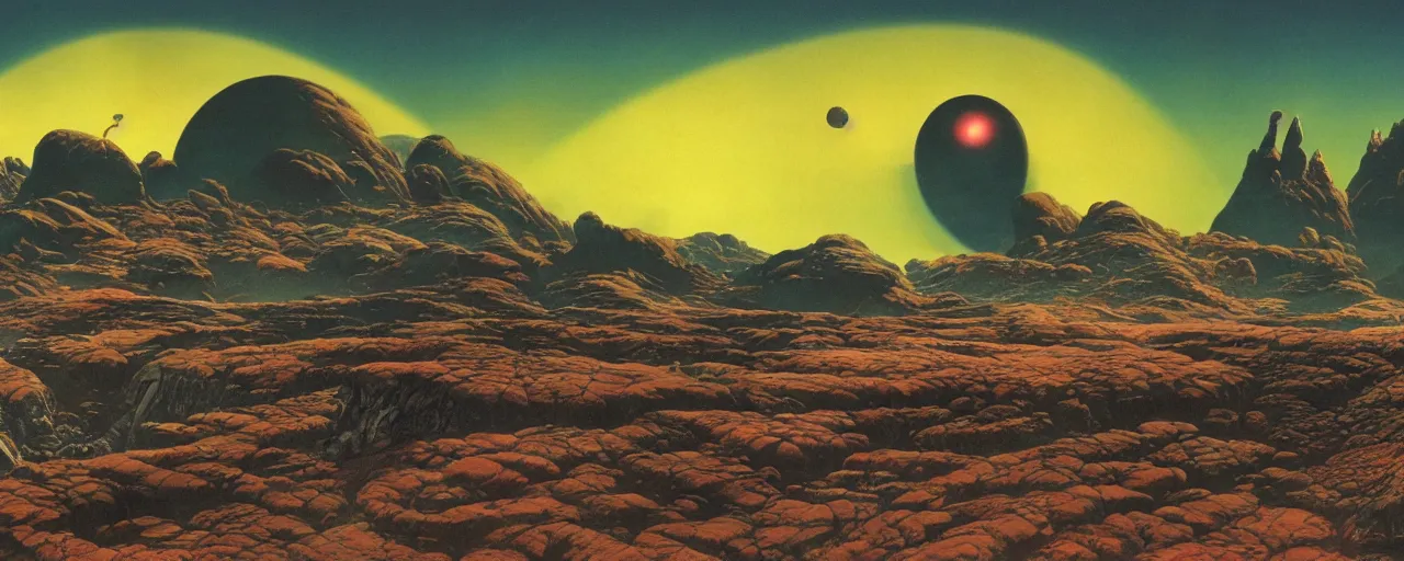 Image similar to outer planet landscape by roger dean, [ cinematic, epic, opening shot, establishing, mattepainting, 4 k ]