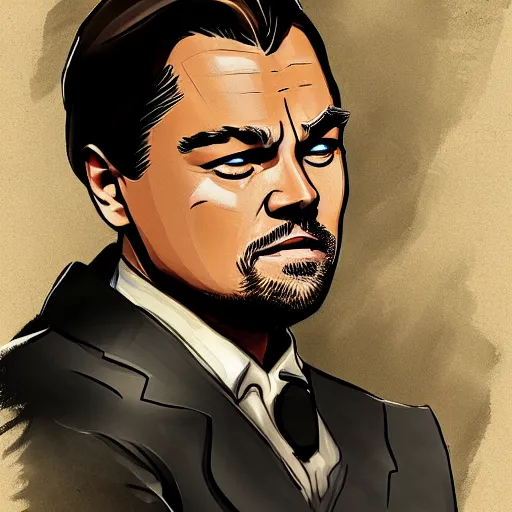 Image similar to Leonardo DiCaprio , leaning back, movie Django, cartoon style, trending on artstation