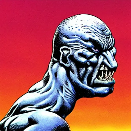 Image similar to muscular monster mutant against a solid white backdrop, [ art by richard corben ]