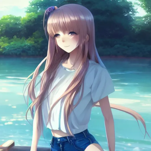 Image similar to a very beautiful anime girl, full body, long wavy blond hair, sky blue eyes, full round face, short smile, cute top, short jeans, summer lake setting, shy ,cinematic lightning, medium shot, mid-shot, highly detailed, trending on Artstation, Unreal Engine 4k, cinematic wallpaper by Stanley Artgerm Lau, WLOP, Rossdraws, James Jean, Andrei Riabovitchev, Marc Simonetti, and Sakimichan