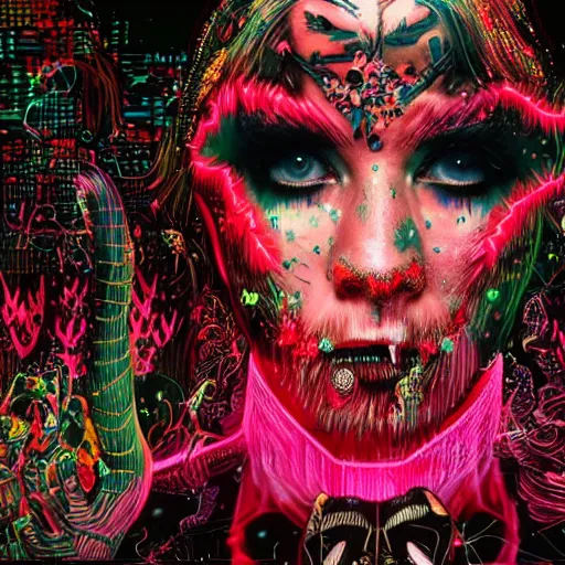 Image similar to a highly detailed symmetric wide shot of Grimes as the devil, sitting in a large glitter simulation with skulls and neon computer code, trending on artstationHD