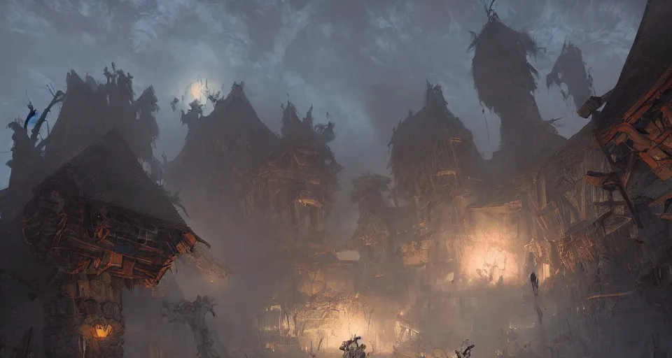 Prompt: big giant ogre troll with a club attacks wooden village houses. Destruction dust and fog. Atmospheric beautiful by Eddie mendoza and Craig Mullins. volumetric lights