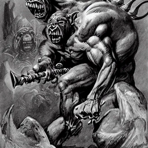 Image similar to dog-faced muscular goblin, ugly face, lizard tail, holding scimitar made of bone, hyper-detailed, primeval fantasy, prehistoric fantasy, drawn by Frank Frazetta