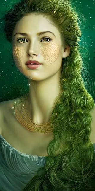 Image similar to young woman, serene smile surrounded by golden firefly lights, amidst nature fully covered by a intricate detailed dress, long red hair, precise linework, accurate green eyes, small nose with freckles, smooth oval shape face, empathic, expressive emotions, spiritual scene, hyper realistic ultrafine art by artemisia gentileschi, jessica rossier, boris vallejo