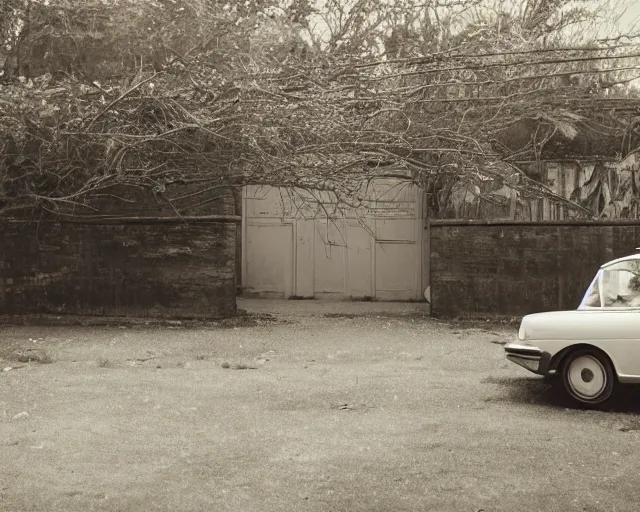 Image similar to beautiful minimalistic realistic photograph, abandoned cars park in a quiet alley by langdon clay, Peter Lippmann, VSCO film grain