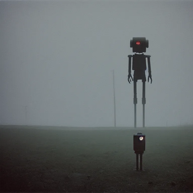 Image similar to a sole angular lanky liminal observer droid, in a brutalist yet rural landscape by simon stalenhag, 3 5 mm film photography, dawn, eerie fog