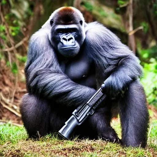 Image similar to silverback gorilla holding an AK-47