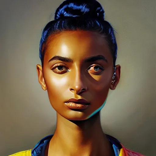 Prompt: ! dream electric yara shahidi, afrofuturism, cute - fine - face, pretty face, oil slick hair, realistic shaded perfect face, extremely fine details, realistic shaded lighting, dynamic background, oil painting, by greg rutkowski