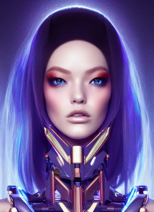 Image similar to portrait of robot model, intricate, ( ( voltron features ) ), sharp focus, octane render, realistic, detailed, beautiful, unreal engine, symmetrical!!, maybelline, sephora, loreal, artstation, art by artgerm, rossdraws, art by karol bak, makeup by pat mcgrath, cinematic, concept art, filmic, vsco