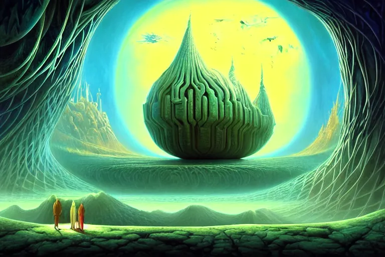 Prompt: a beautiful epic stunning amazing and insanely detailed matte painting on canvas of alien dream worlds veduta with surreal architecture designed by Heironymous Bosch, portals to new worlds, mega structures inspired by Heironymous Bosch's Garden of Earthly Delights, the nexus portal, vast surreal landscape and horizon by Cyril Rolando and Andrew Ferez, rich pastel color palette, masterpiece!!, grand!, imaginative!!!, whimsical!!, epic scale, intricate details, sense of awe, elite, wondrous, mysterious, insanely complex, masterful composition, sharp focus
