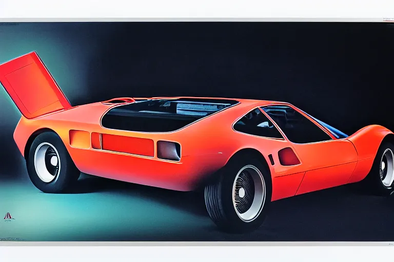 Prompt: designed by giorgetto giugiaro stylized poster of a single 1 9 6 9 amc amx / 3 miura citroen dm bmw m 1 ( ( mclaren f 1 ) ) delorean concept, thick neon lights, ektachrome photograph, volumetric lighting, f 8 aperture, cinematic eastman 5 3 8 4 film