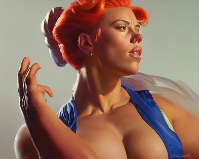 Prompt: greg manchess portrait painting of smug scarlett johansson as beautiful thick female bodybuilder zarya from overwatch, medium shot, asymmetrical, profile picture, organic painting, sunny day, matte painting, bold shapes, hard edges, street art, trending on artstation, by huang guangjian and gil elvgren and sachin teng