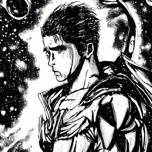 Image similar to black and white pen and ink!!!!!!! MAPPA designed Ryan Gosling x Guts wearing cosmic space robes made of stars final form flowing royal hair golden!!!! Vagabond!!!!!!!! floating magic swordsman!!!! glides through a beautiful!!!!!!! Camellia!!!! Tsubaki!!! death-flower!!!! battlefield dramatic esoteric!!!!!! Long hair flowing dancing illustrated in high detail!!!!!!!! by Moebius and Hiroya Oku!!!!!!!!! graphic novel published on 2049 award winning!!!! full body portrait!!!!! action exposition manga panel black and white Shonen Jump issue by David Lynch eraserhead and beautiful line art Hirohiko Araki!! Rossetti, Millais, Mucha, Jojo's Bizzare Adventure!!