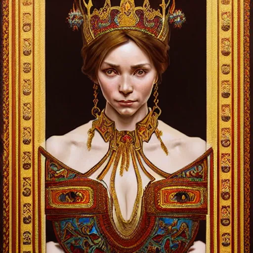 Image similar to a portrait of a putin, upper half portrait, decorated with russian motifs, traditional russia, intricate, elegant, highly detailed, symmetry, headpiece, digital painting, artstation concept art smooth sharp focus, illustration, art by artgerm and greg rutkowski alphonse mucha 8 k