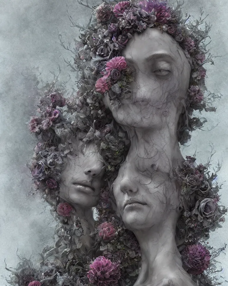 Image similar to a digital painting of the face of a gothic cemetery statue made of mist and flowers, Andrew Ferez, Charlie Bowater, Marco Mazzoni, Seb McKinnon, Ryohei Hase, Alberto Seveso, Kim Keever, trending on cgsociety, featured on zbrush central, new sculpture, mystical