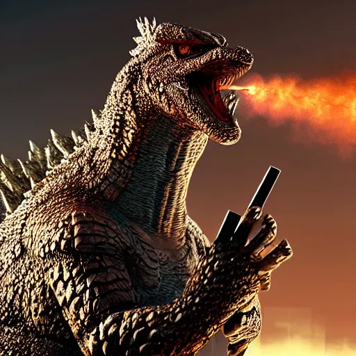 Image similar to anthropomorphic godzilla smoking cigarette, vray