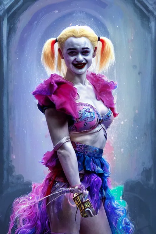 Image similar to portrait of julia garner as harley quinn as delirium of the endless, the sandman, rainbow clothes, in persian temple wet night, sci - fi and fantasy, intricate and very very beautiful and elegant, highly detailed, digital painting, artstation, concept art, smooth and sharp focus, illustration, art by tian zi and wlop and alphonse mucha