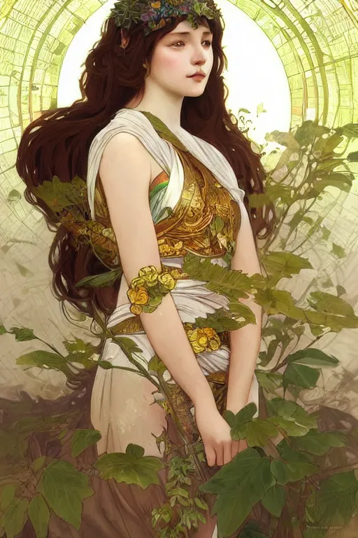 Image similar to beautiful ancient girl in makeshift leaf armor, deep space on background, highly detailed, digital painting, artstation, sharp focus, illustration, art by tan zi and ayanamikodon and alphonse mucha and wlop