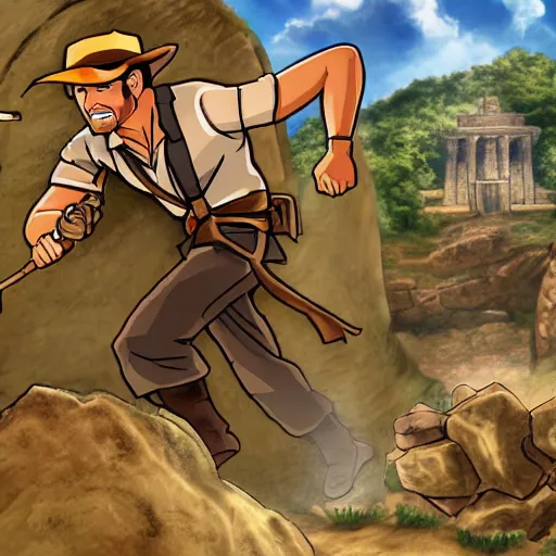 Image similar to Indiana Jones being chased by a boulder trap, boulder chase, underground ancient stone temple background, Indiana Jones running away from big round stone, raiders of the lost ark, detailed background, anime key visual