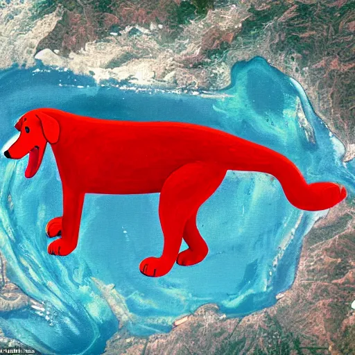 Image similar to clifford the big red dog as oroborous in the shape of a snake wrapping around the earth dozens of times zoomed out view from space